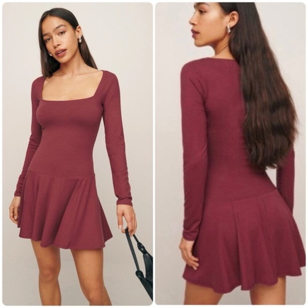 Reformation Burgundy Long Sleeve Flare Mini Dress Size Small